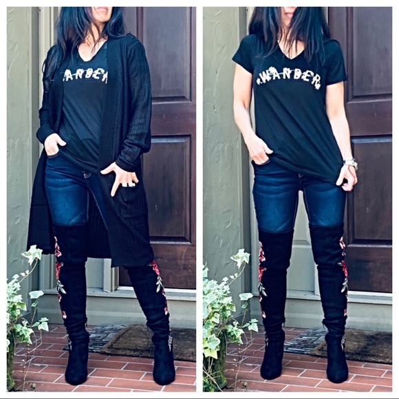 Black V neck Wander graphic Tee - Picture 3 of 8